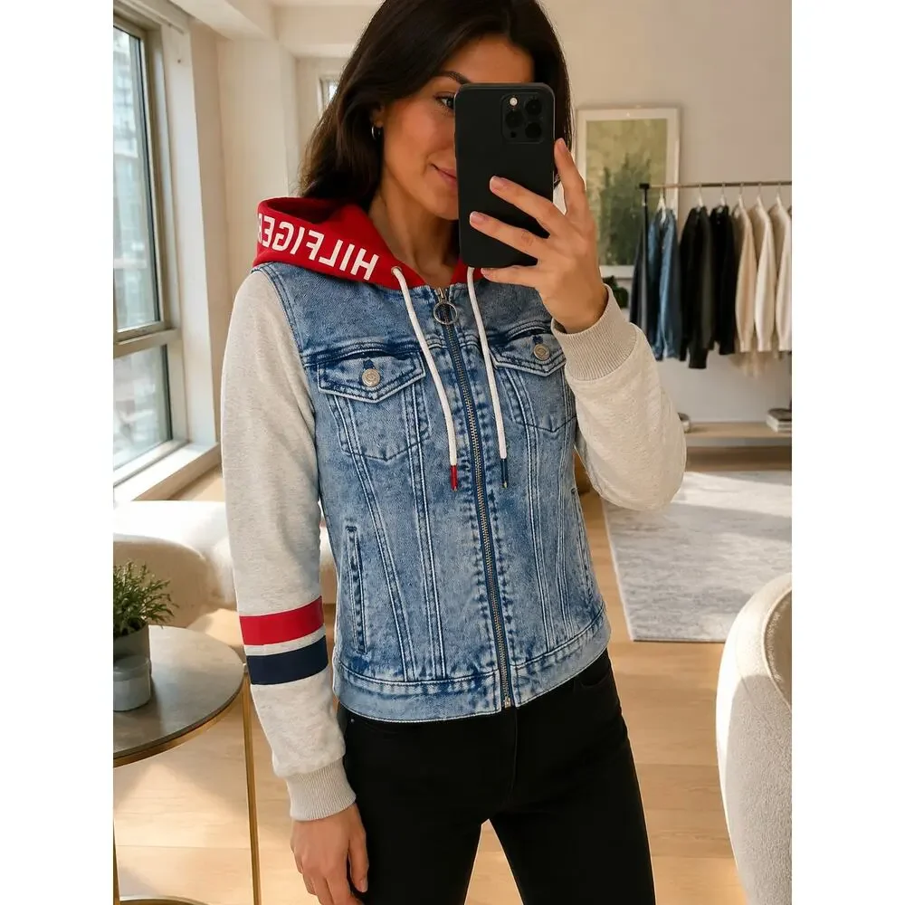 Tommy Hilfiger Denim Hoodie Jacket Vest Hybrid Womens XS Red Grey Y2K Trend